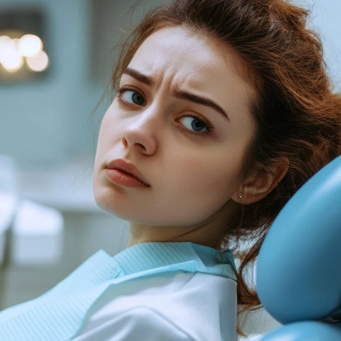 A woman looks nervous about her dentist appointment, she asks about our sedation options